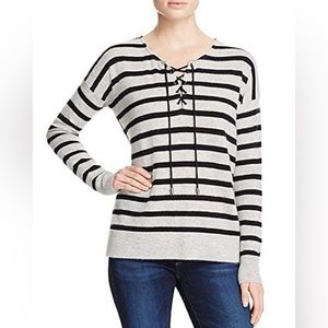 AQUA Cashmere Gray/Black Sailor Stripe Lace Up Sweater XS